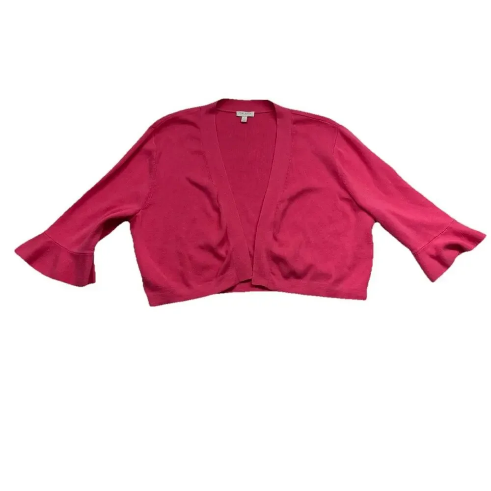 Talbots Open Cardigan Crop Sweater Womens Large Ruffle Sleeve Pink